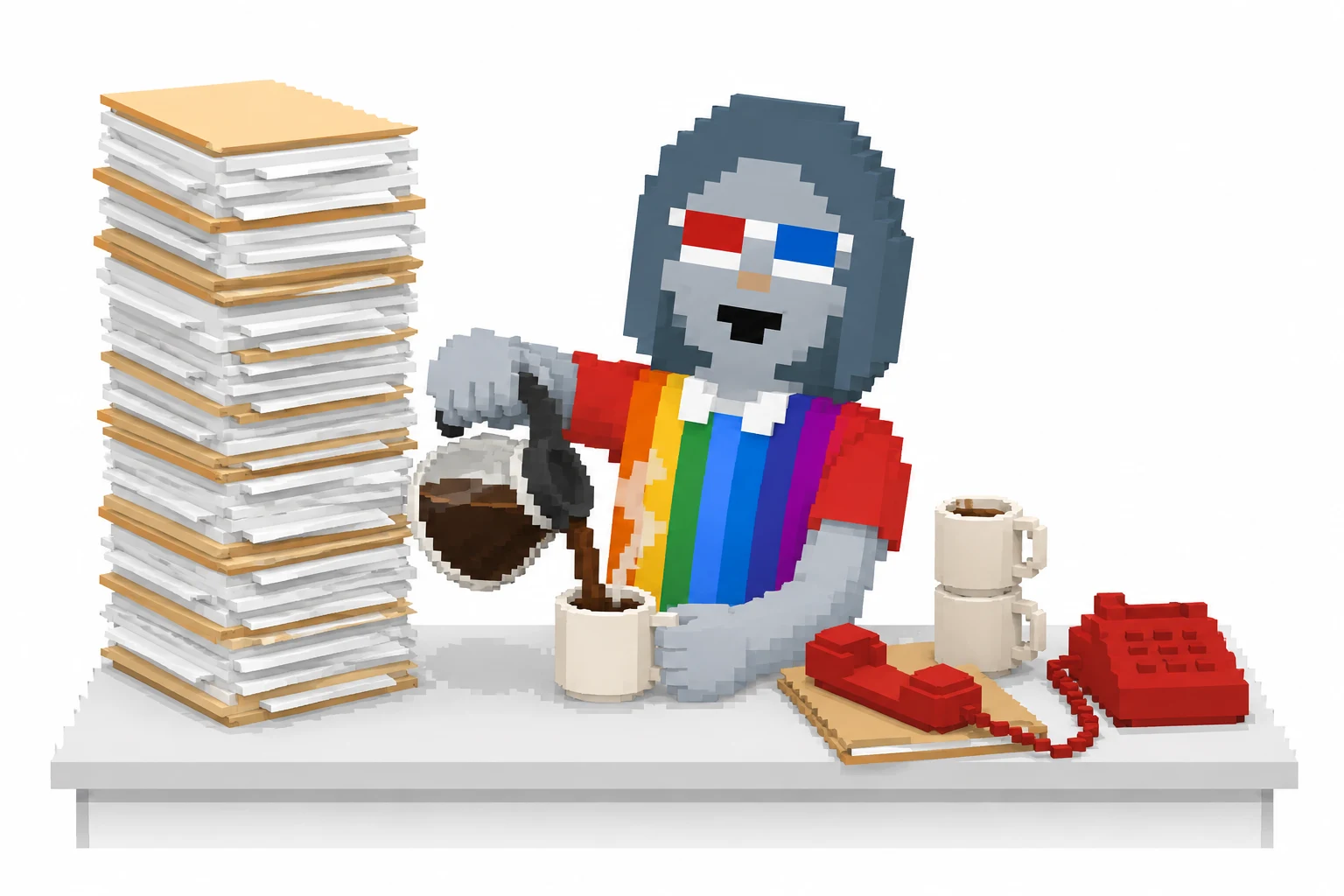 StonkSecretary pours another hot coffee beside a stack of mugs and paperwork.