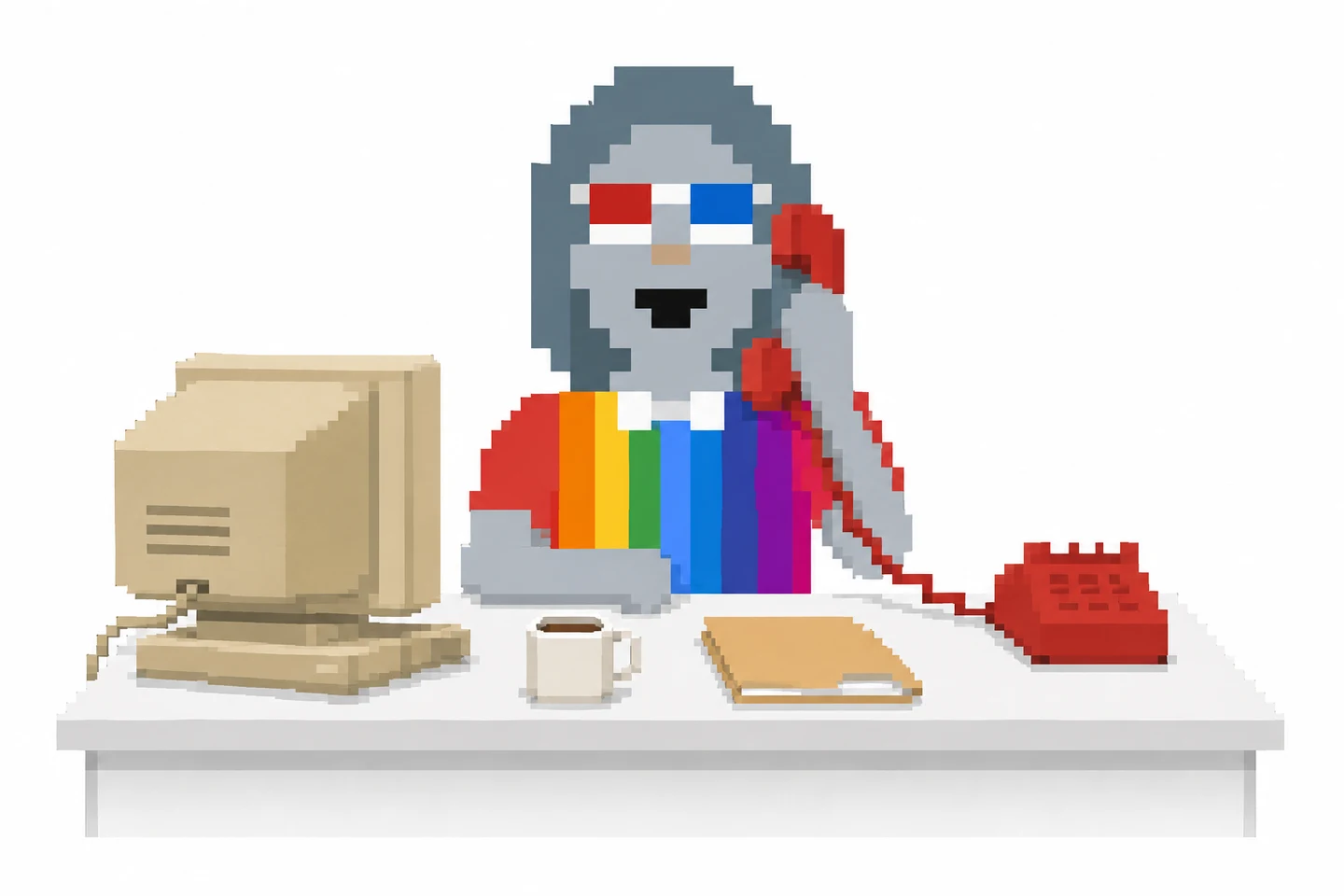 The rainbow-shirted StonkSecretary takes a call at her desk, beside a computer, coffee, and paperwork.