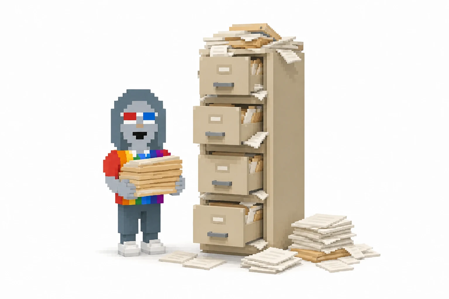 StonkSecretary holds the timesheets beside an overflowing filing cabinet and stacks of paperwork.